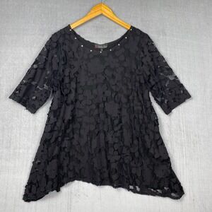 Bella Sky Top Womens L Black Floral Applique Lace Mesh Asymmetrical Whimsigoth